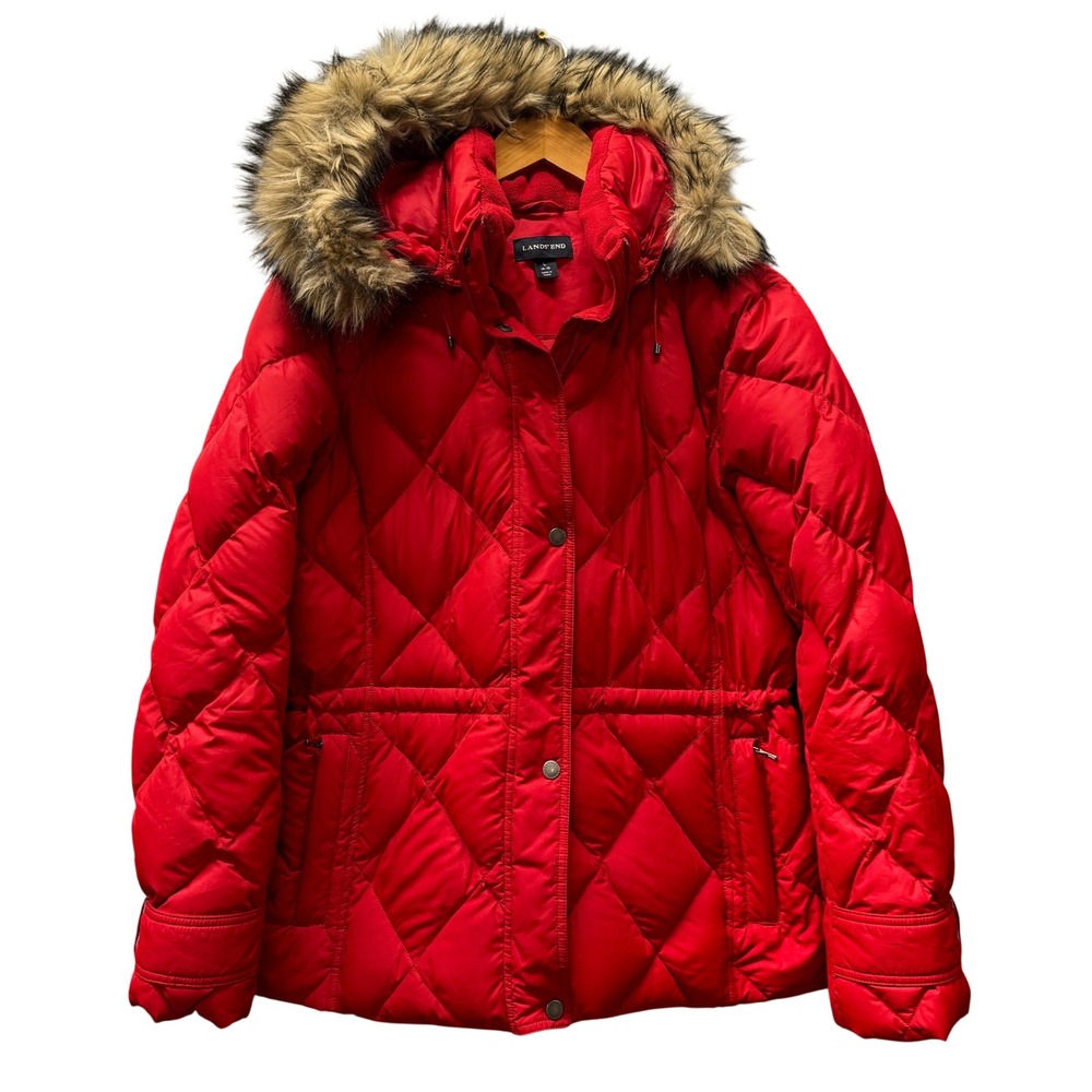 Lands' End Puffer Jacket Womens L Down Quilted Parka Red Faux Fur Snap Off Hood